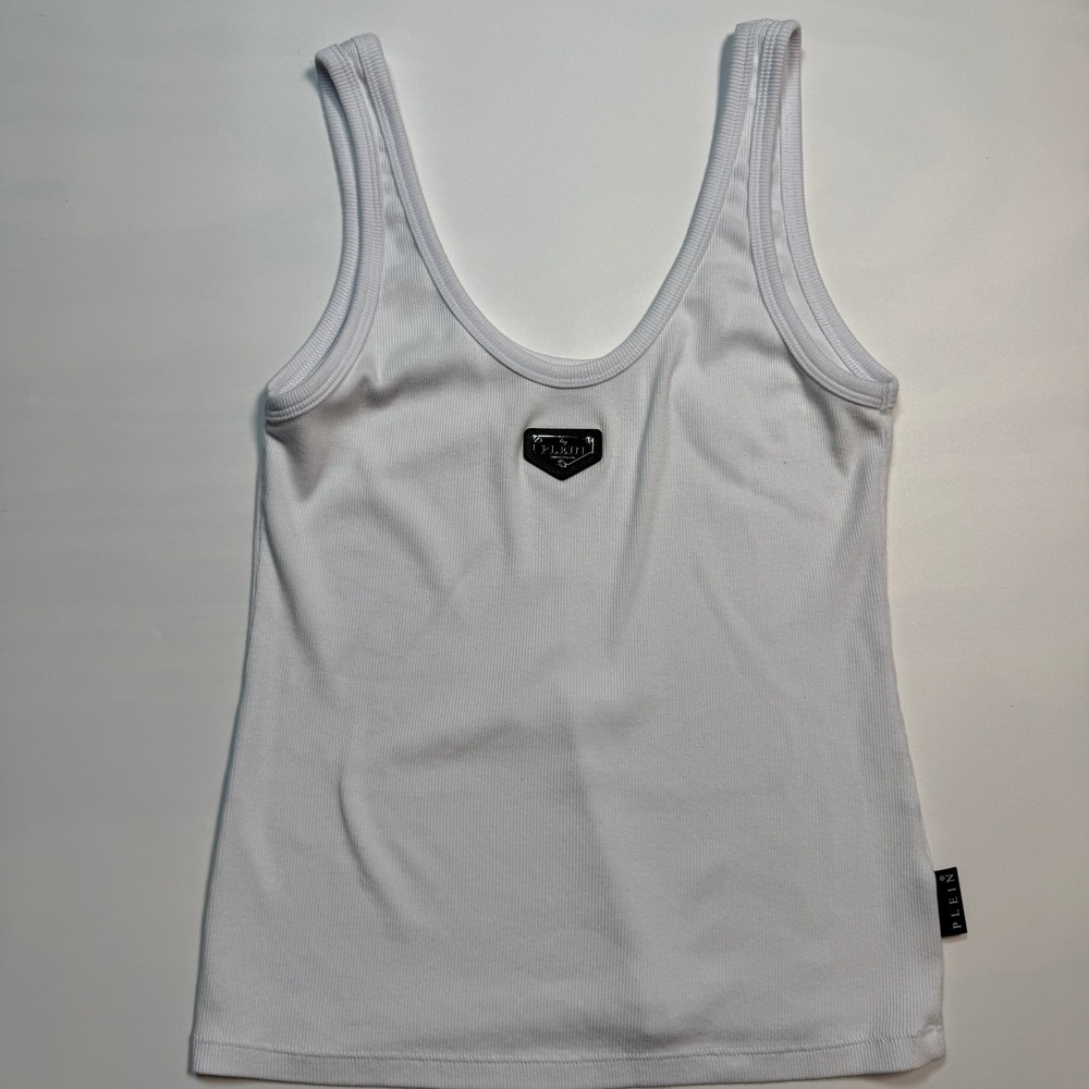 Philipp Plein Womens small White Ribbed Tank Top Metal Logo Plaque Scoop Neck